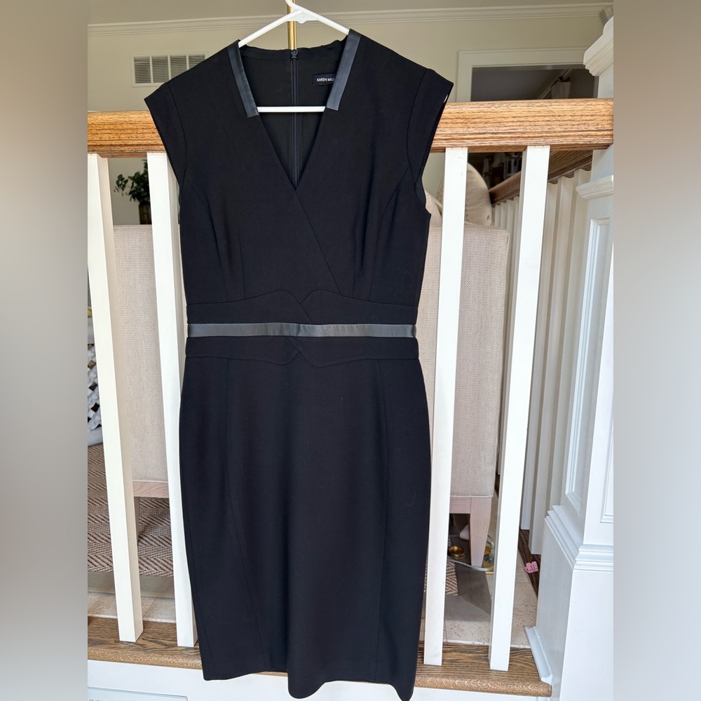 Karen Millen Black Sheath Midi Dress V-Neck Cap Sleeve